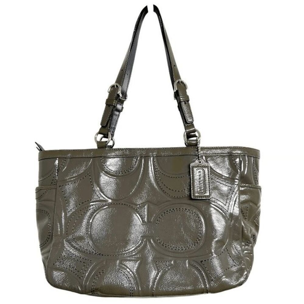COACH F18326 Signature Gallery Stitch Patent C logo Leather Gray Tote Bag